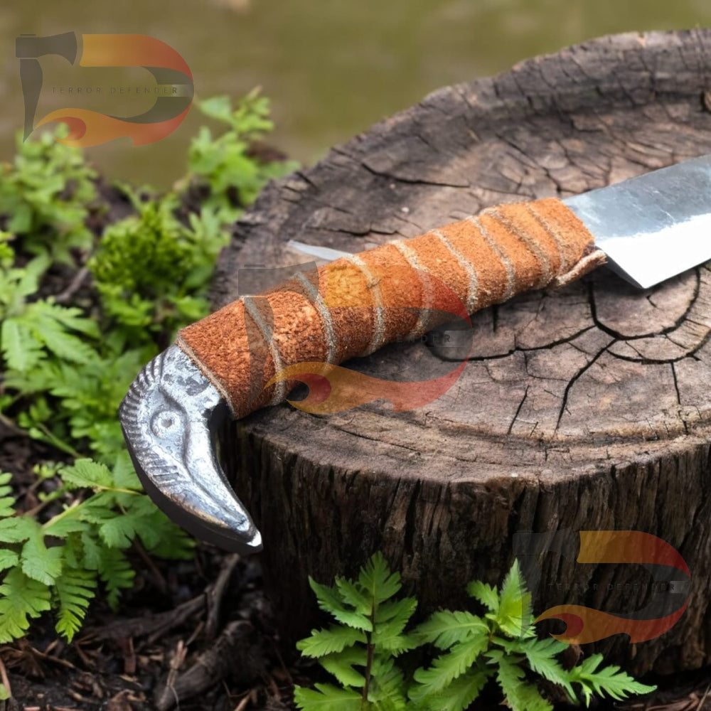 Norse Viking Knife With Boar's Head Hilt & Leather Sheath - 5.5" Carbon Steel Blade Boar's head Raven's Head Hilt