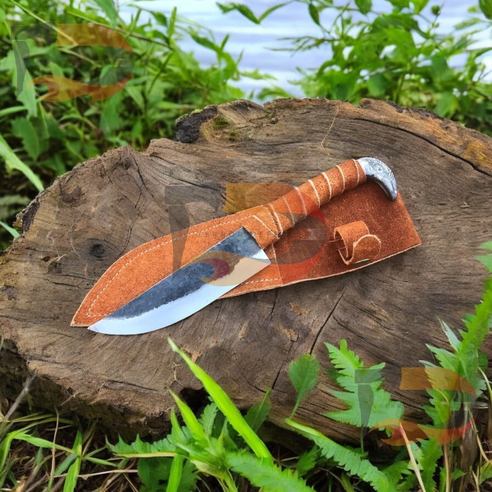 Norse Viking Knife With Boar's Head Hilt & Leather Sheath - 5.5" Carbon Steel Blade Boar's head Raven's Head Hilt