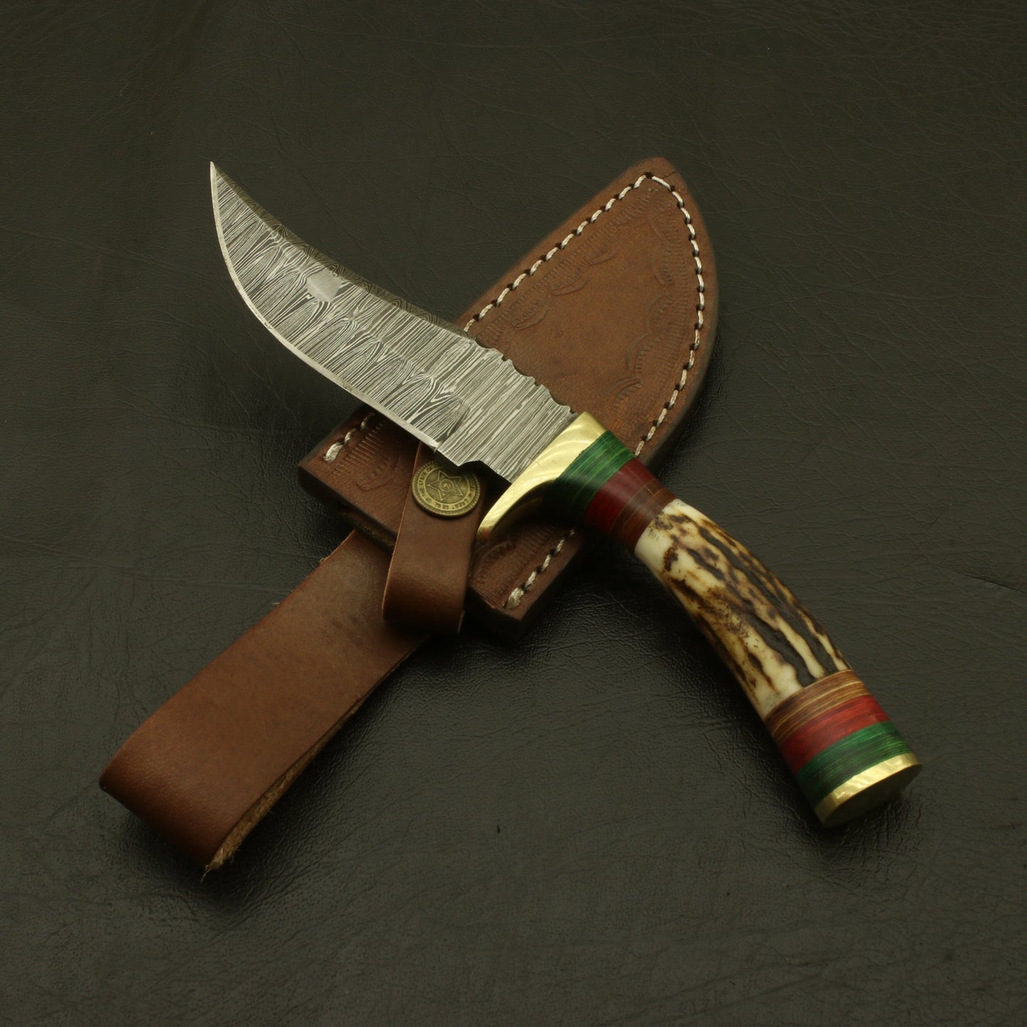 9 Handmade Damascus Steel Hunting Knife with Stag Horn Bolster:Complete with Pure Leather Sheath - Perfect for Camping and EDC. knife Terror Defender 
