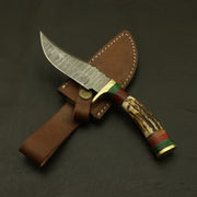 9 Handmade Damascus Steel Hunting Knife with Stag Horn Bolster:Complete with Pure Leather Sheath - Perfect for Camping and EDC. knife Terror Defender 