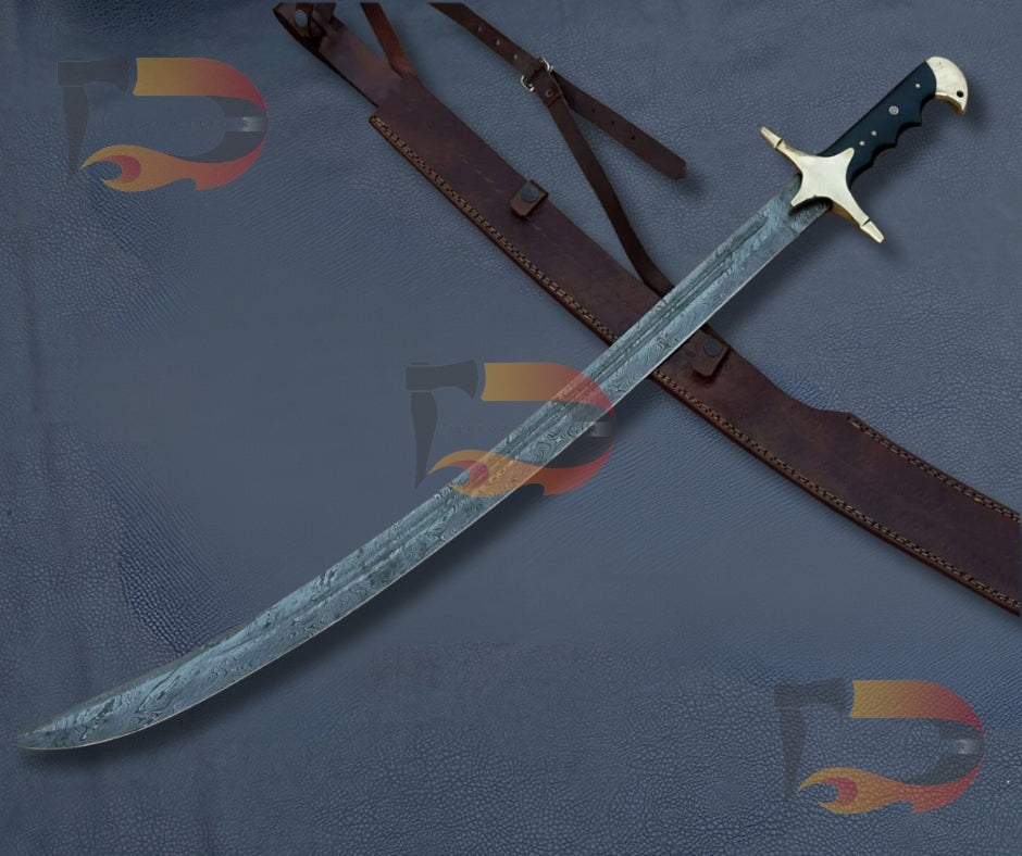Custom Hand Forged Damascus Steel Arabic Sword, with Leather Sheath | Best Hunting sword | Gift for Him