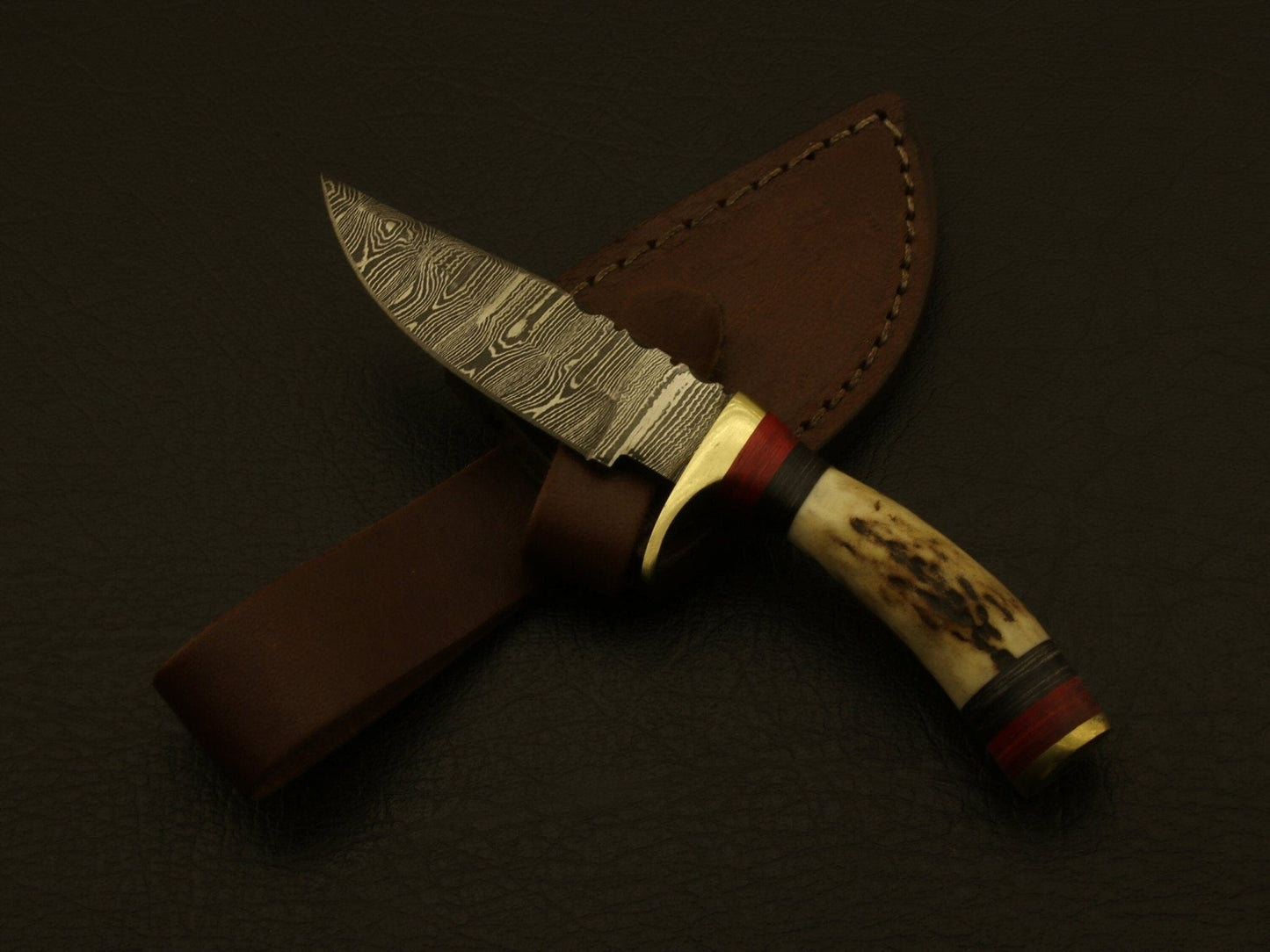 Handmade Damascus Steel Hunting Knife Handle Stag Horn Leather Sheath Hunting Terror Defender 