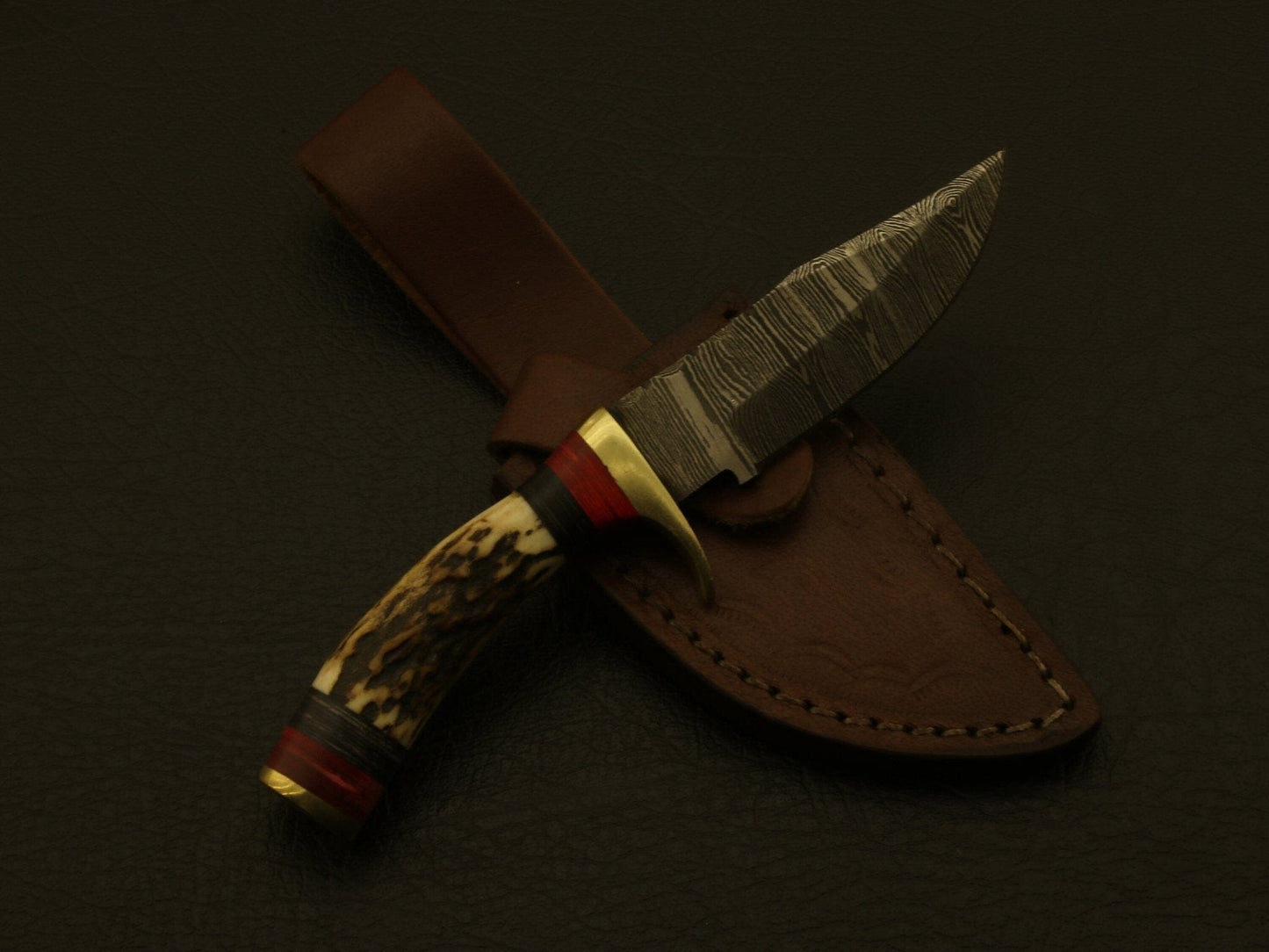 Handmade Damascus Steel Hunting Knife Handle Stag Horn Leather Sheath Hunting Terror Defender 