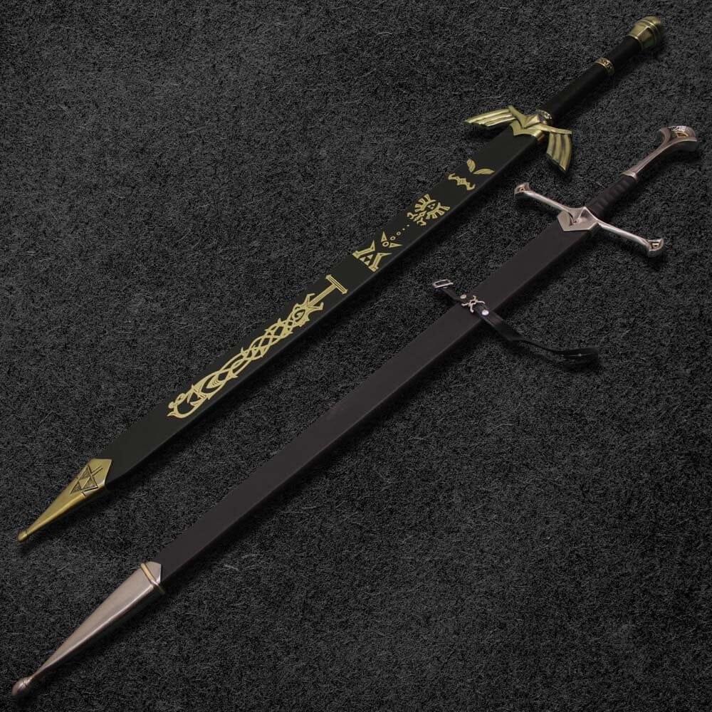 Combo Of 2: Legend of Zelda Fully Handmade Replica Sword (Black and Gold) And Anduril Sword of Narsil the King Aragorn Replica Sword Costume Weapons Terror Defender 