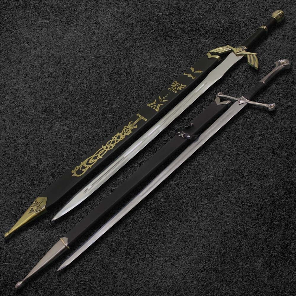 Combo Of 2: Legend of Zelda Fully Handmade Replica Sword (Black and Gold) And Anduril Sword of Narsil the King Aragorn Replica Sword Costume Weapons Terror Defender 