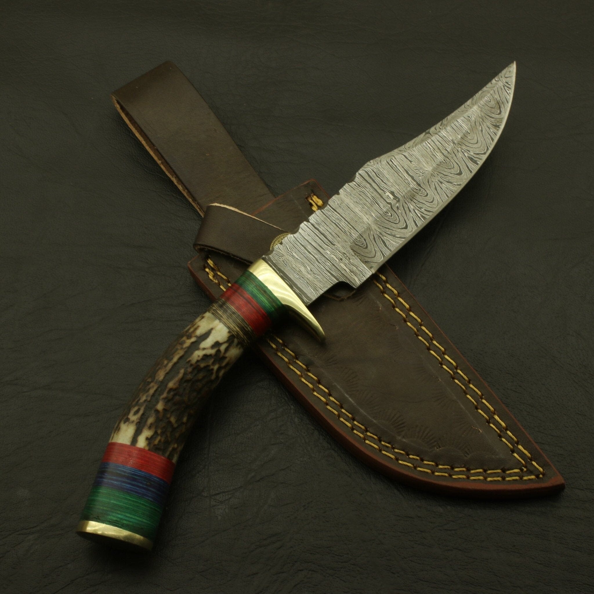 Custom Made Hand Forged Damascus Hunting/skinning Knife - Stag/antler Hand with Sheath Hunting Terror Defender 