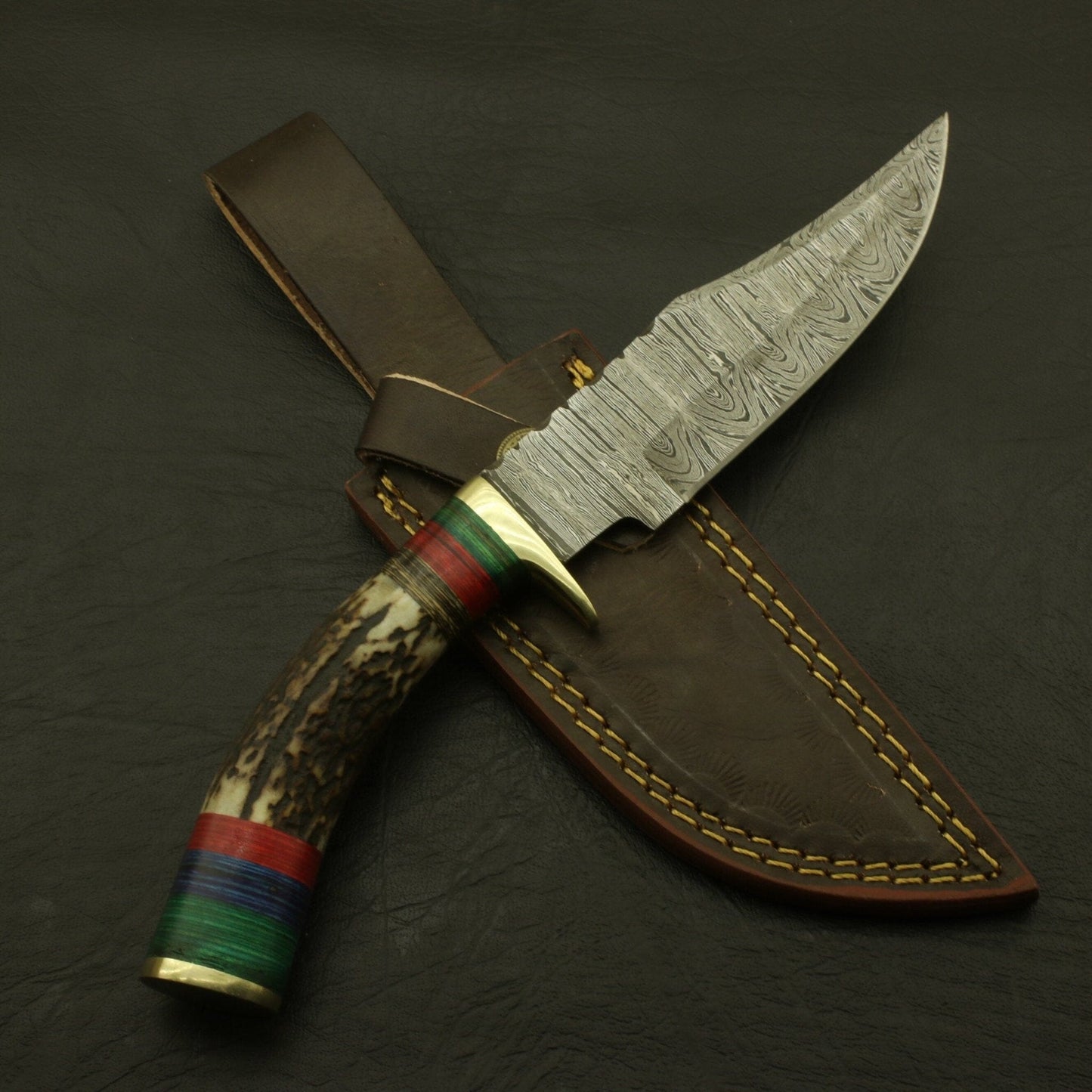 Custom Made Hand Forged Damascus Hunting/skinning Knife - Stag/antler Hand with Sheath Hunting Terror Defender 