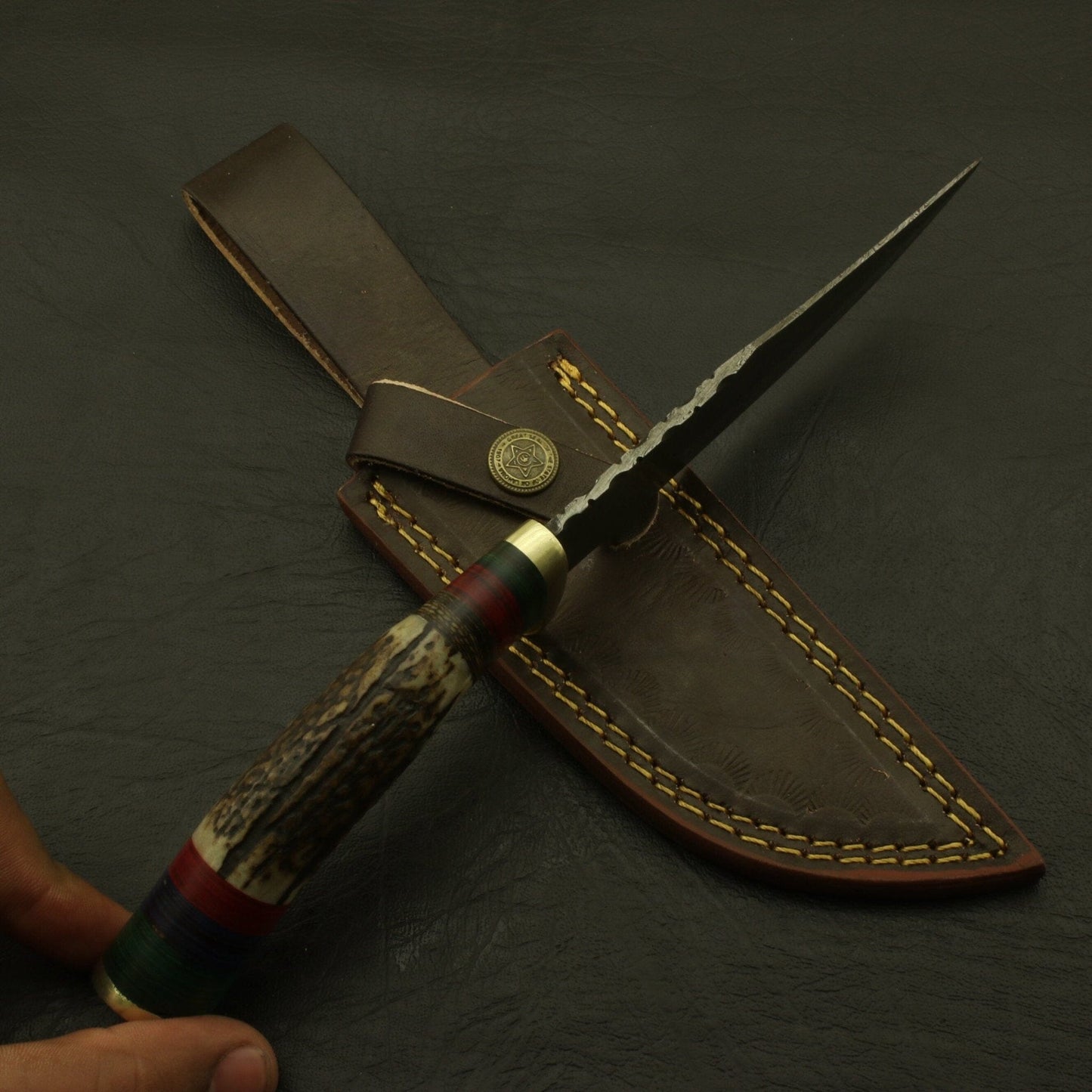 Custom Made Hand Forged Damascus Hunting/skinning Knife - Stag/antler Hand with Sheath Hunting Terror Defender 