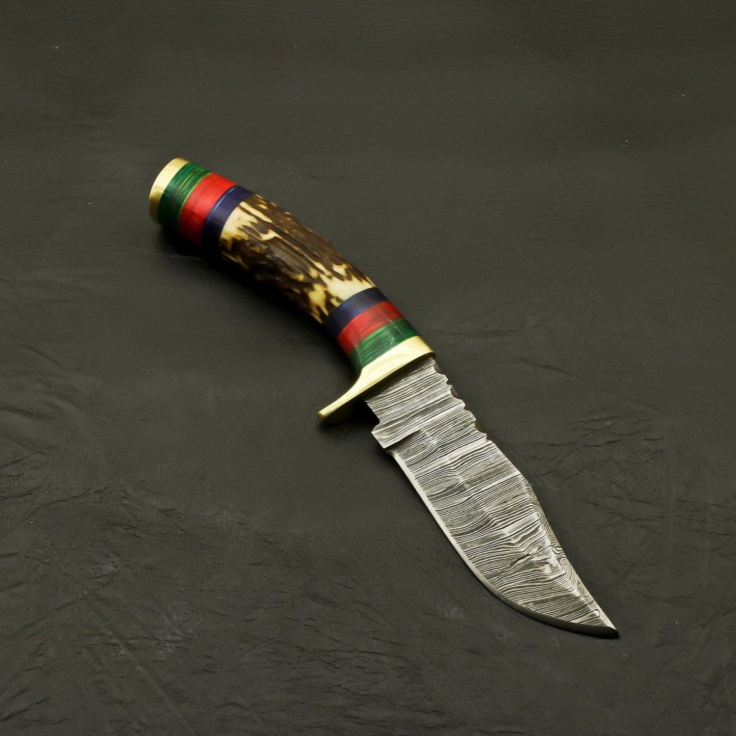 Custom Made Hand Forged Damascus Hunting/Skinning Knife-Stag/Antler Handle With leather sheath Hunting Terror Defender 