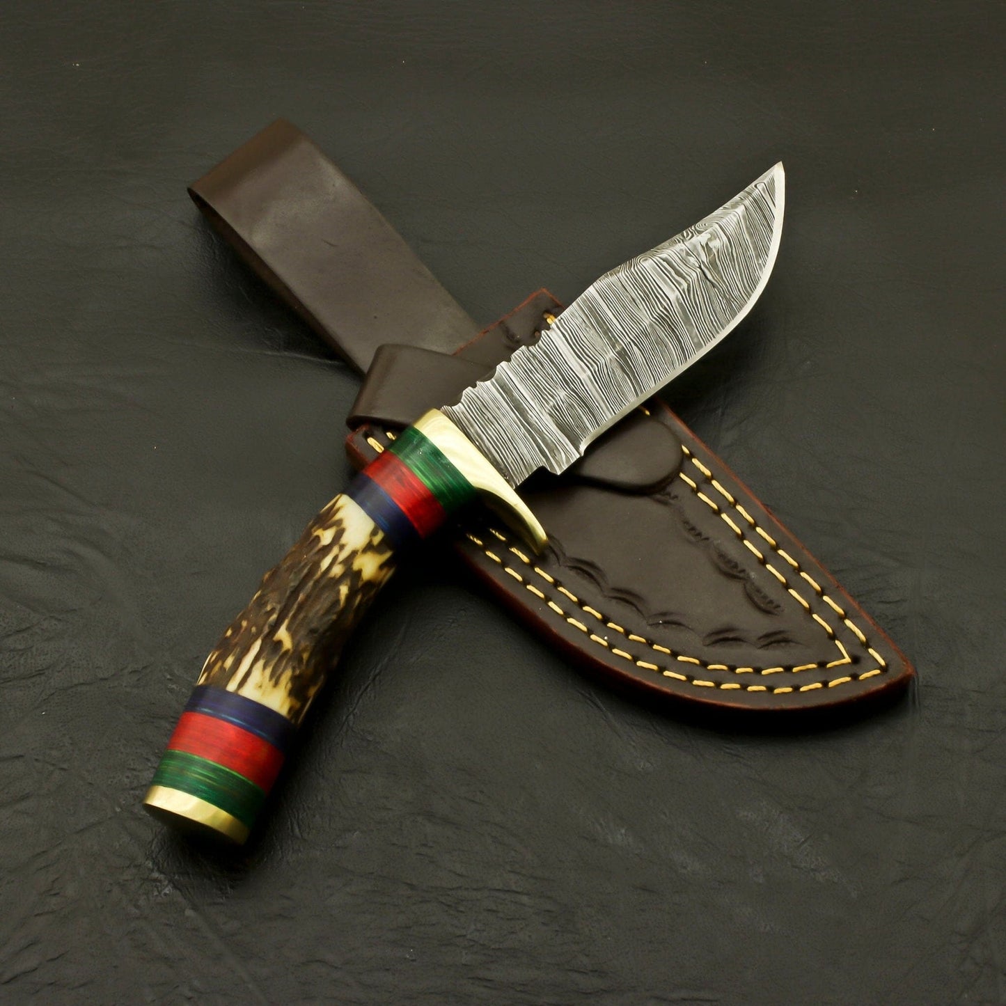 Custom Made Hand Forged Damascus Hunting/Skinning Knife-Stag/Antler Handle With leather sheath Hunting Terror Defender 