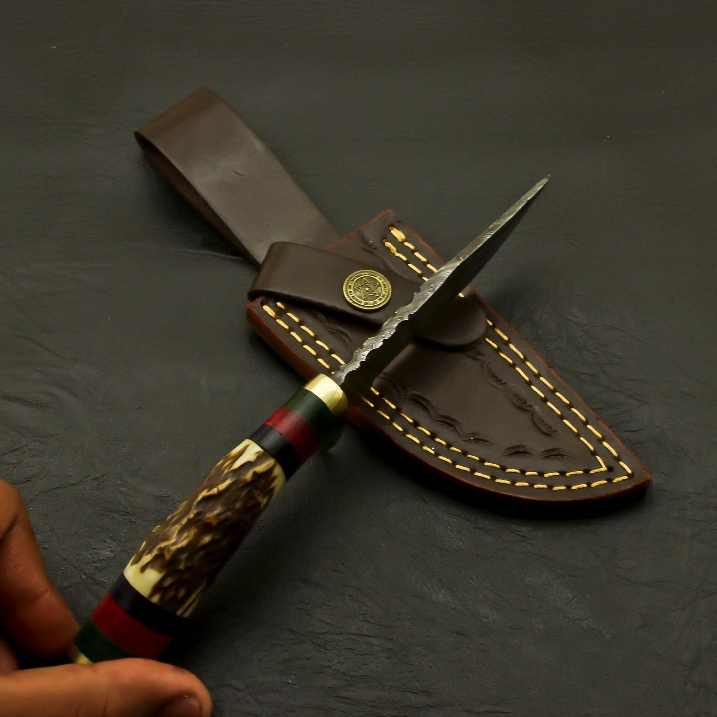 Custom Made Hand Forged Damascus Hunting/Skinning Knife-Stag/Antler Handle With leather sheath Hunting Terror Defender 