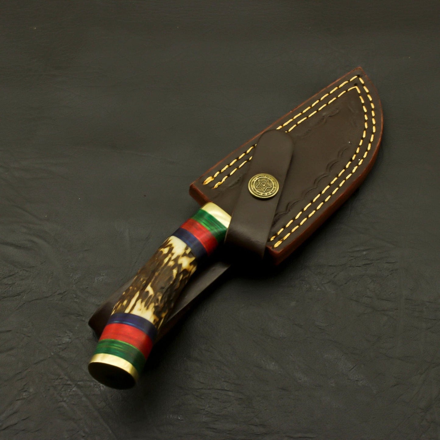 Custom Made Hand Forged Damascus Hunting/Skinning Knife-Stag/Antler Handle With leather sheath Hunting Terror Defender 