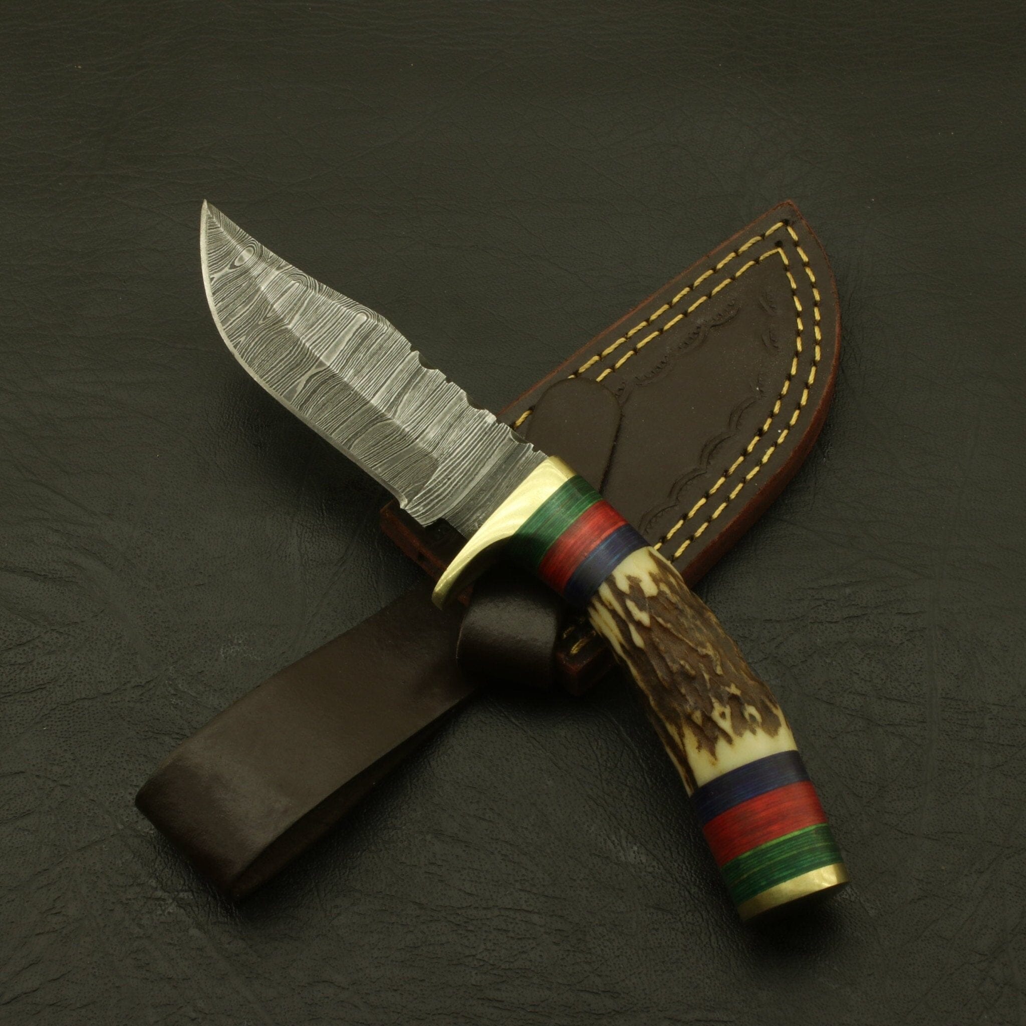 Custom Made Hand Forged Damascus Hunting/Skinning Knife-Stag/Antler Handle With leather sheath Hunting Terror Defender 