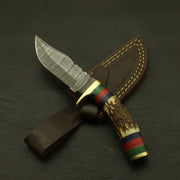 Custom Made Hand Forged Damascus Hunting/Skinning Knife-Stag/Antler Handle With leather sheath Hunting Terror Defender 